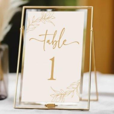 Minimal Minimalist Beige Gold Branch Leaf Wedding Table Number