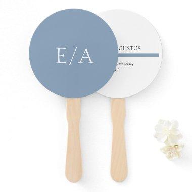 Minimal Monogram Simple Elegant Dusty Blue Wedding Hand Fan
