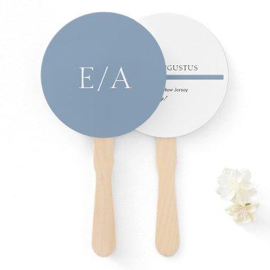 Minimal Monogram Simple Elegant Dusty Blue Wedding Hand Fan