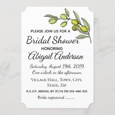 Minimal, Olive Branch. Bridal Shower. Invitations