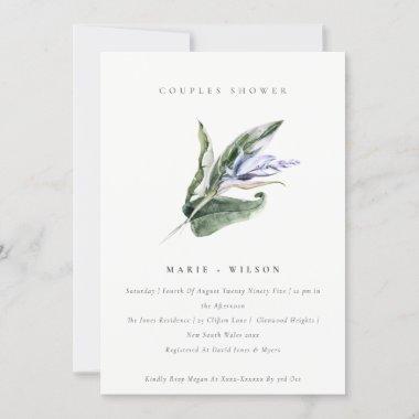 Minimal Tropical Leafy Blue Floral Couples Shower Invitations
