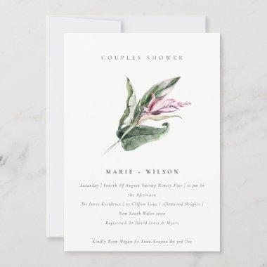 Minimal Tropical Leafy Pink Floral Couples Shower Invitations