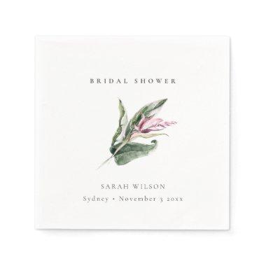 Minimal Tropical Pink Leafy Floral Bridal Shower Napkins