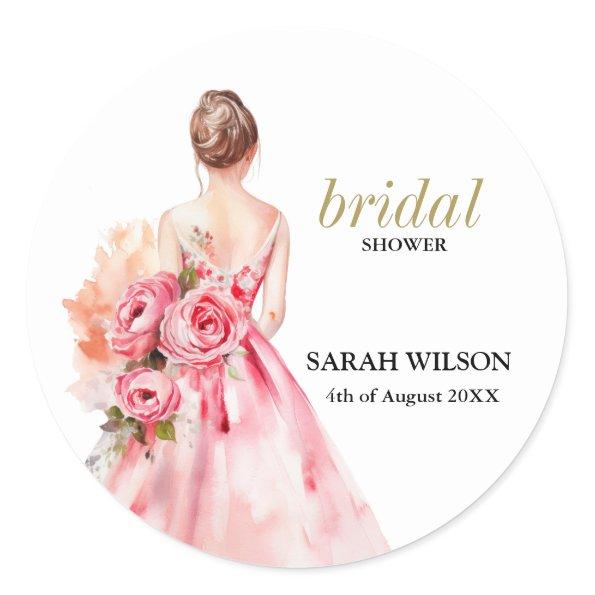 Minimal Watercolor Wedding Gown Bridal Shower Classic Round Sticker