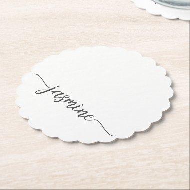 Minimal White Monogram Name Script Signature Paper Coaster