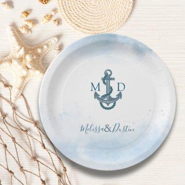 Minimalist Beach Blue Anchor Nautical Wedding Paper Plates