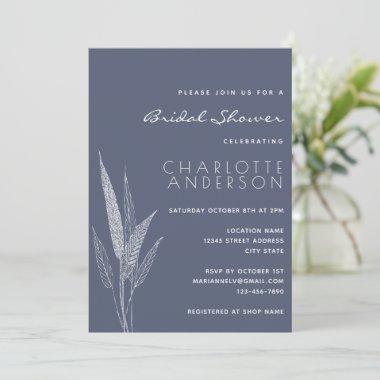 Minimalist Botanical Navy Blue Bridal Shower Invitations