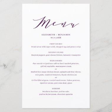 Minimalist Dainty Script Purple Wedding Menu Invitations