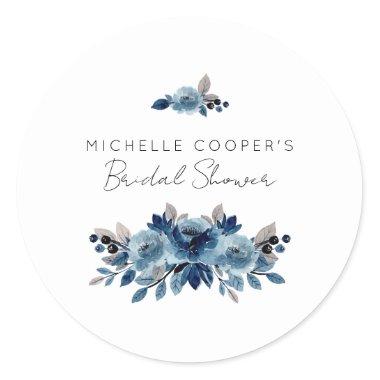 Minimalist Dusty Blue and Navy Floral Classic Round Sticker