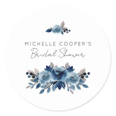 Minimalist Dusty Blue and Navy Floral Classic Round Sticker