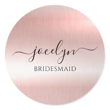 Minimalist Elegant Rose Gold Script Bridesmaid Classic Round Sticker