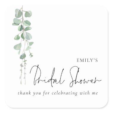 Minimalist Eucalyptus Name Bridal Shower Thank you Square Sticker