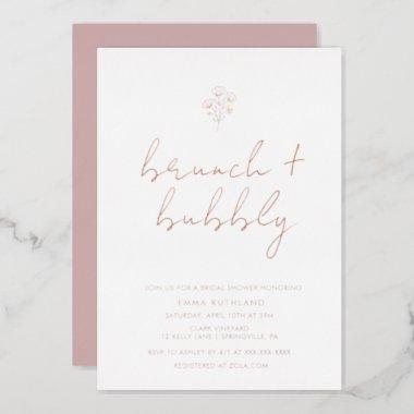 Minimalist Floral Brunch & Bubbly Rose Gold Foil Invitations