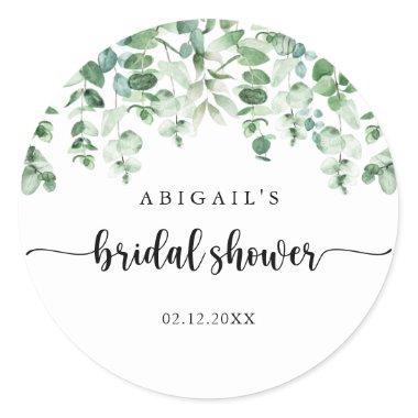 Minimalist Green Eucalyptus Bridal Shower Favor  Classic Round Sticker