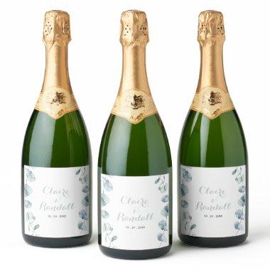 Minimalist Greenery White Wedding Sparkling Wine Label