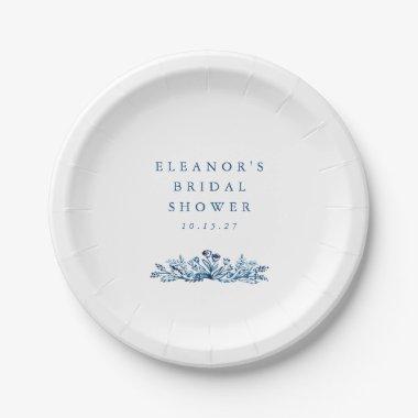 Minimalist Indigo Blue Ink Botanical Bridal Shower Paper Plates