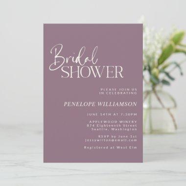 Minimalist Modern Script Purple Bridal Shower Invitations