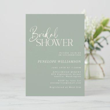 Minimalist Modern Script Sage Green Bridal Shower Invitations