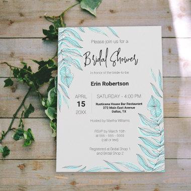 Minimalist Modern Teal Leaves Bridal Shower Invitations