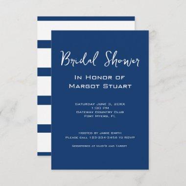 Minimalist Navy White Script Striped Bridal Shower Invitations