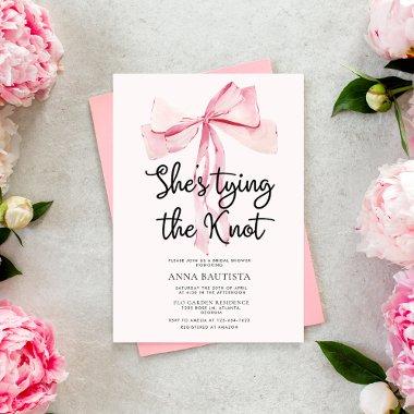Minimalist Pink Bow Tying The Knot Bridal Shower Invitations