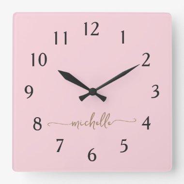 Minimalist Pink Gold Monogram Signature Script Square Wall Clock