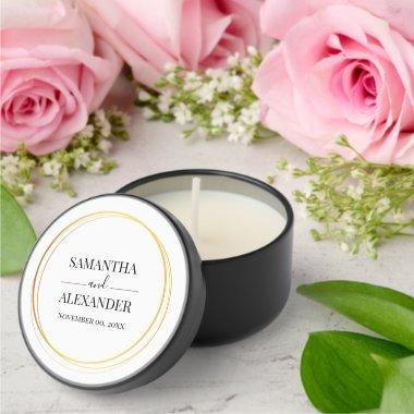 Minimalist plain black white gold wedding script mini candle favors