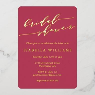 Minimalist Script Bridal Shower Magenta Gold Foil Invitations