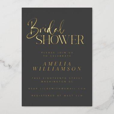 Minimalist Script Modern Black Gold Bridal Shower Foil Invitations