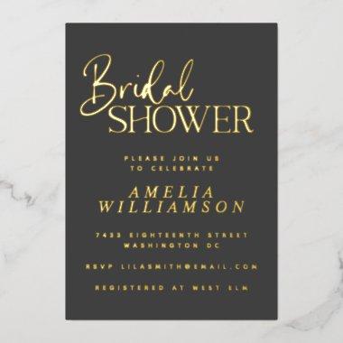 Minimalist Script Modern Black Gold Bridal Shower Foil Invitations