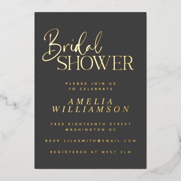 Minimalist Script Modern Black Gold Bridal Shower Foil Invitations