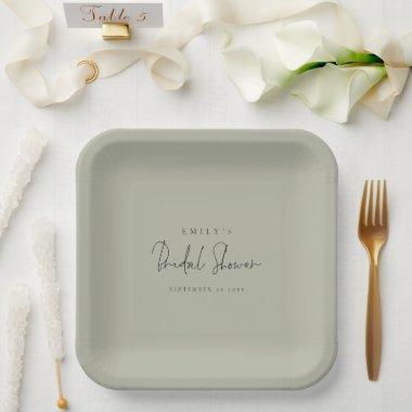 Minimalist Script Name Light Sage Bridal Shower Paper Plates