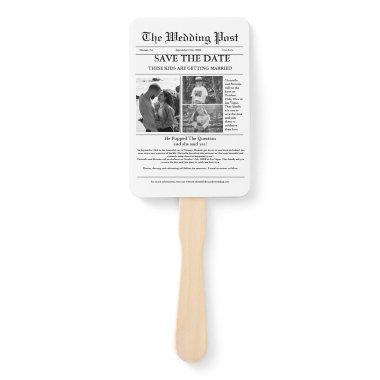 Minimalist script newspaper wedding save the date hand fan