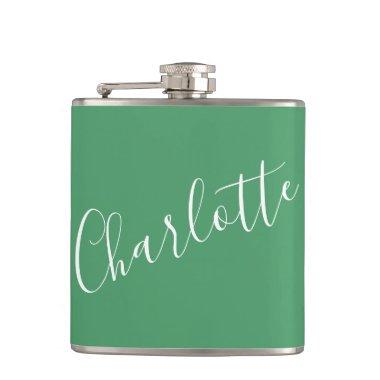 Minimalist Script Personalized Name Kelly Green Flask