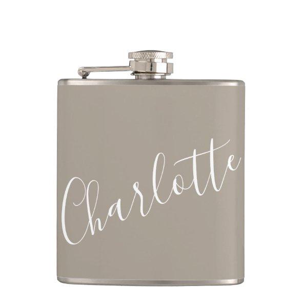 Minimalist Script Personalized Name Taupe Brown Flask
