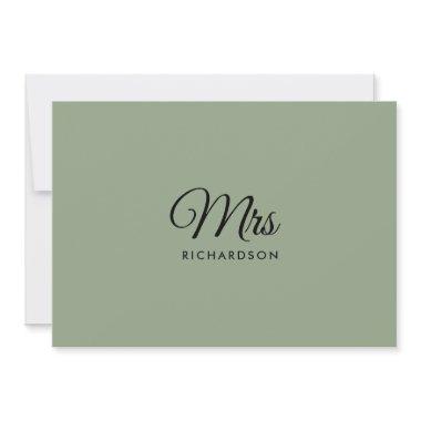 Minimalist Script Sage Green Mrs. Surname Blank Thank You Invitations