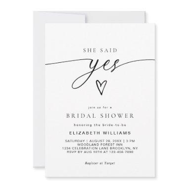 Minimalist She Said Yes Heart Script Bridal Shower Invitations