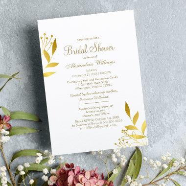 Minimalist white gold glam foliage Bridal Shower Invitations