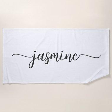 Minimalist White Monogram Name Huge Script Beach Towel