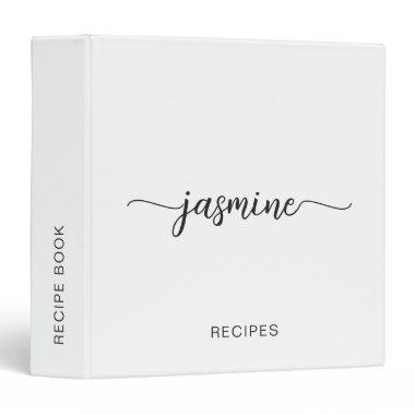 Minimalist White Monogram Script Cookbook Recipe 3 Ring Binder