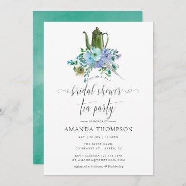 Mint and Blue Boho Bridal Shower Tea Party Invitations