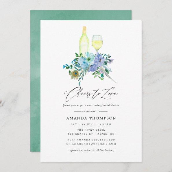 Mint and Blue Boho Wine Tasting Bridal Shower Invitations