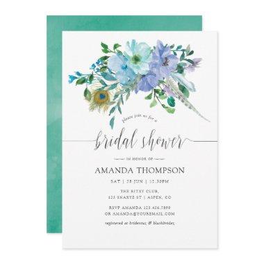 Mint and Blue Watercolor Boho Floral Bridal Shower Invitations