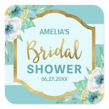 Mint and Faux Gold Floral Bridal Shower Square Sticker