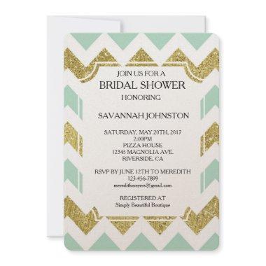 Mint and Gold Faux Glitter Chevron bridal shower Invitations