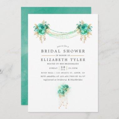Mint and Gold Floral String Lights Bridal Shower Invitations