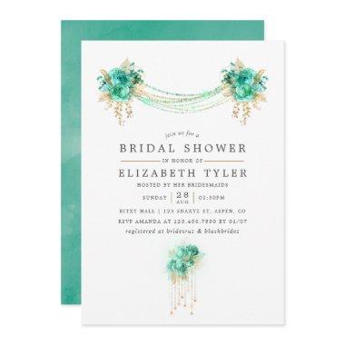 Mint and Gold Floral String Lights Bridal Shower Invitations