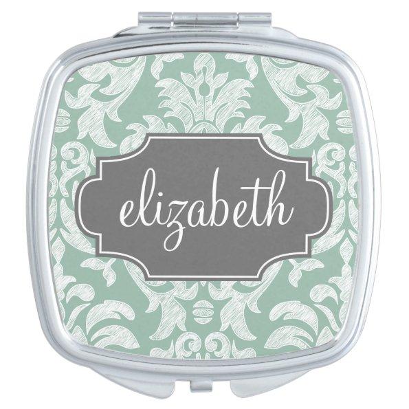 Mint and Gray Damask Pattern Custom Name Mirror For Makeup