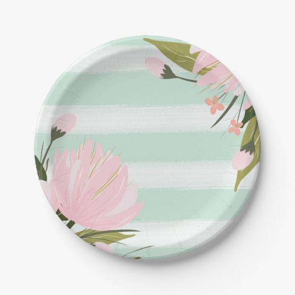 Mint and Pink Floral Paper Plates