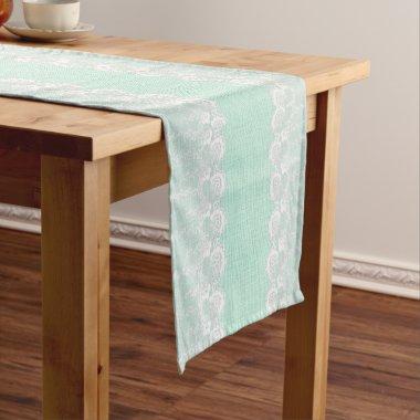 Mint Burlap and Lace Shabby Chic Table Runner